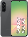 Samsung Galaxy A56 5G gris avec trois appareils photo à l'arrière et un écran affichant "Galaxy A56 5G".