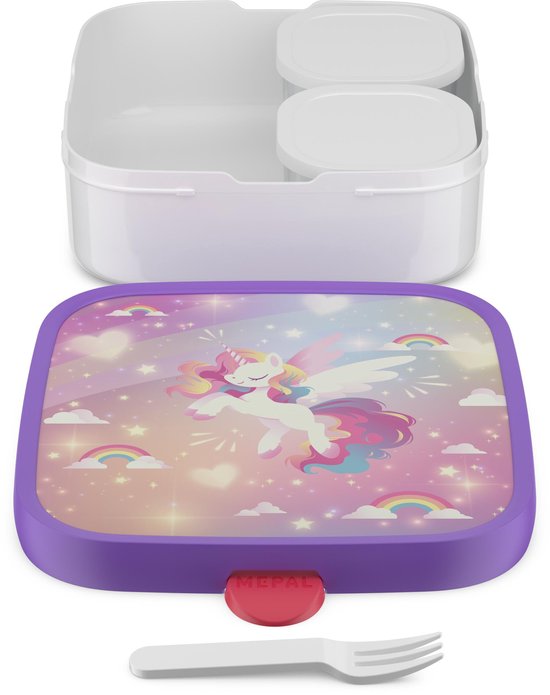 Mepal Bento Lunch Box Grand Campus - 2x 200 + 1250 ml - Comprend 2 boîtes bento amovibles et étanches et une fourchette - Unicorn Glow