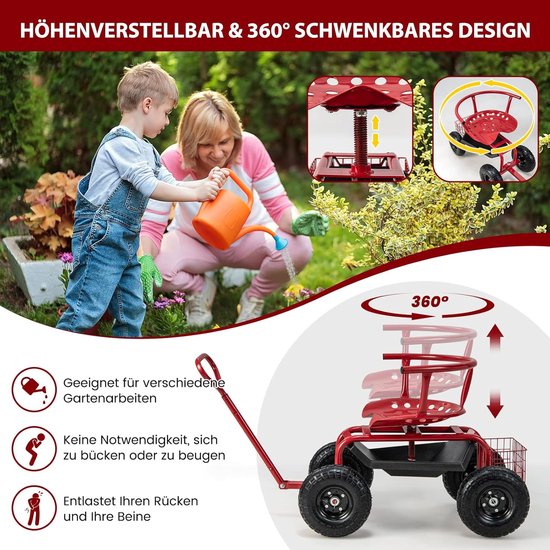 COSTWAY Tuinwagen met rolzitting en uittrekbare handgreep, mobiele tuinstoel met plank, mand, gereedschapstas en zitkussen, 360 graden draaibaar, in hoogte verstelbaar, stuurbare tuinkruk tot 135 kg