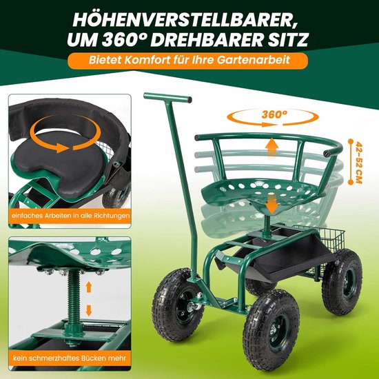 COSTWAY Rolzitje met wielen, 360 graden draaibaar, in hoogte verstelbaar, mobiele tuinstoel met stuurgreep, mand, opbergruimte en zitkussen, tuinkruk tot 150 kg, metalen tuinrolstoel, voor tuinieren, van Costway — afbeelding 4