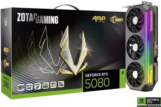 ZOTAC GAMING GeForce RTX 5080 AMP Extreme INFINITY - Videokaart - 16GB GDDR7 - PCIe 5.0 - 1x HDMI - 3x DisplayPort