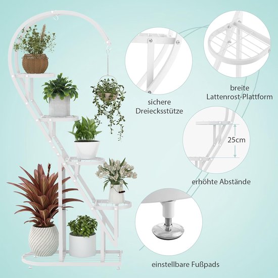 Support à plantes en métal à 5 ​​niveaux COSTWAY, en forme de cœur, support à fleurs avec crochets, échelle, support à plantes, protection anti-basculement, échelle à plantes, support à fleurs, pour jardin, balcon, salon (blanc)