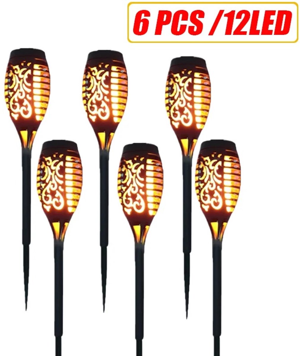 Solar tuinverlichting set van 6 - LED tuinverlichting - Tuinfakkel - Prikspot - Tuin lamp - Zonne energie - 400 mAh - 52 x 7.5 cm