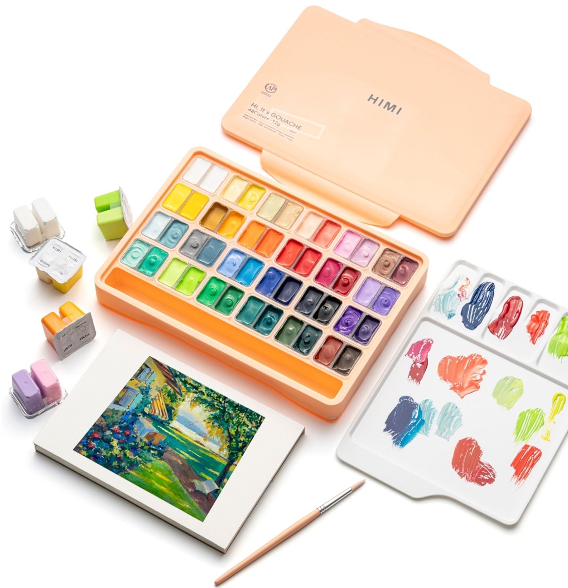 HIMI - Gouache - Twin split cups - set van 48 kleuren - 12g - 3 penselen - Peach Fuzz — afbeelding 6