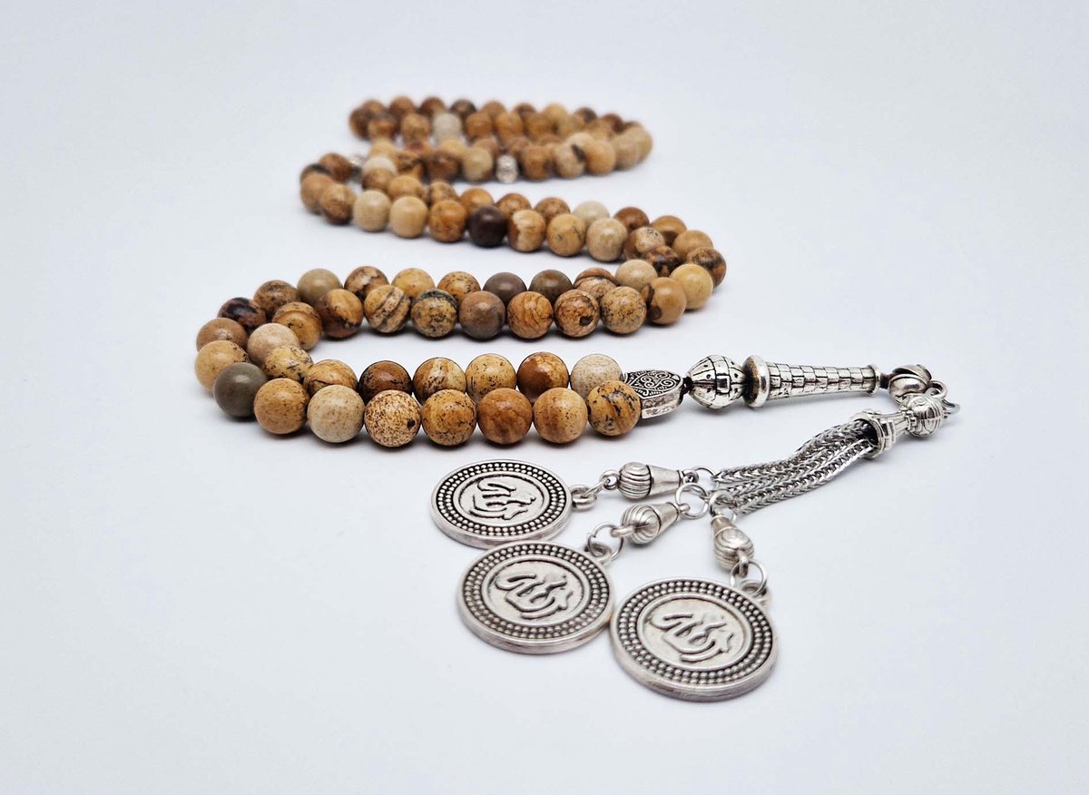 Handgemaakte tesbih "Tasbih" natuursteen "Picture Jasper" - Aantal kralen 99 - Diameter kralen 8MM - met metaal tassel "Allah Alwahid" - Een mooi cadeau-idee