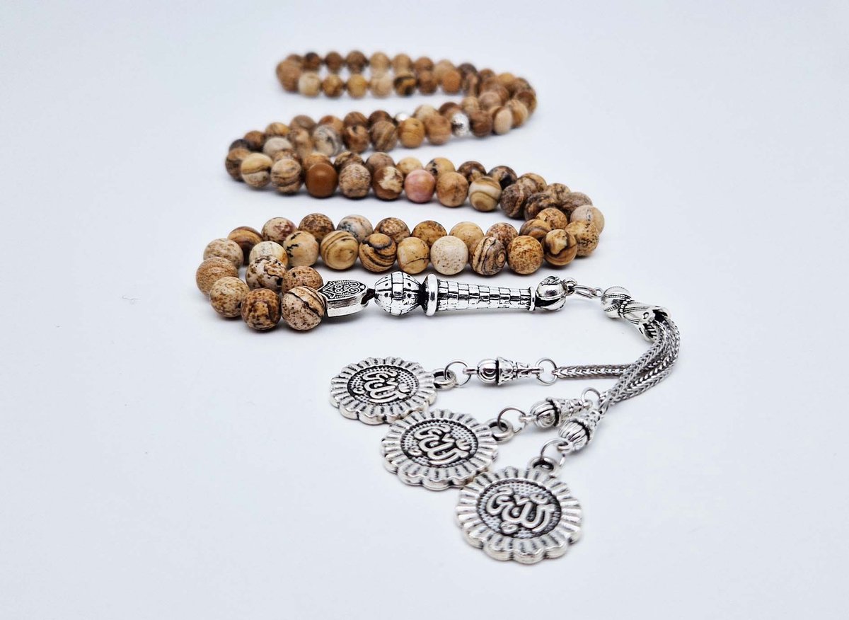 Handgemaakte tesbih "Tasbih" natuursteen "Picture Jasper" - Aantal kralen 99 - Diameter kralen 8MM - met metaal tassel "Allah" - Een mooi cadeau-idee