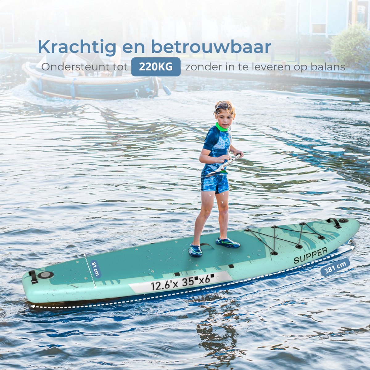 Supper Sup Board XL - Max. 220KG - Opblaasbaar – Zitje – Verstelbare Peddel – Waterdicht Telefoonhoesje – Pomp – Vin – Leash – Draagtas – Touring 381 x 81 cm - Turqoise – foto 6