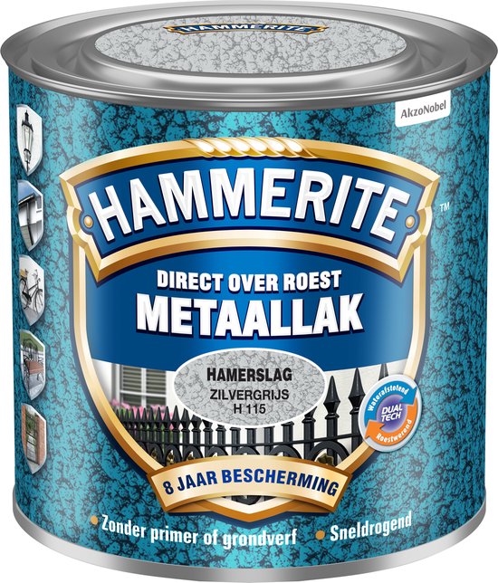 Blik metaallak Hammerite Zilvergrijs met hamerslag effect en een hek in de afbeelding. 8 jaar bescherming.