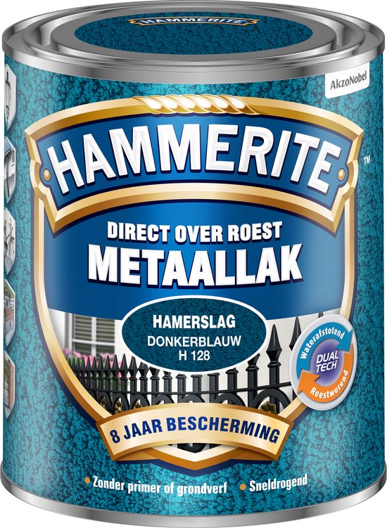 Blik Hammerite Metaallak Donkerblauw H 128 met hamerlags-effect en decoratie van een hek.