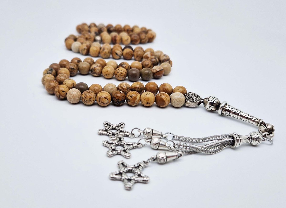Handgemaakte tesbih "Tasbih" natuursteen "Picture Jasper" - Aantal kralen 99 - Diameter kralen 8MM - met metaal tassel "Grote sterren" - Een mooi cadeau-idee