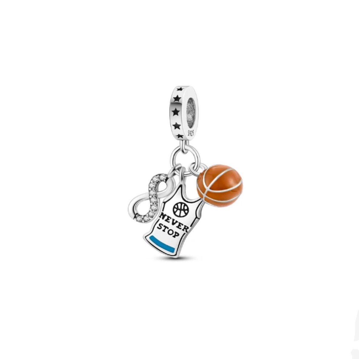 SportPresent® - Sportbedel - Infinity Basketbal - Charm - Geschikt voorarmband - Infinity - Basketbal - Shirt - Zilver - 925 - Zirkonia - Sport - Bal - Sportsieraad - Ketting - BedelArmband- Voetbal - Kraal - Teamkado