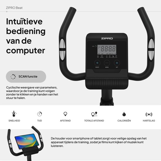 Beeldscherm van de hometrainer met 'SCAN functie' en icoontjes voor snelheid, tijd, afstand en hartslag.