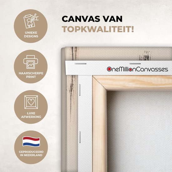 Detail van een canvas schilderij met een houten frame, met de tekst 'Canvas van topkwaliteit!', 'Unieke designs', 'Haarscherpe print', 'Luxe afwerking', 'Geproduceerd in Nederland'.