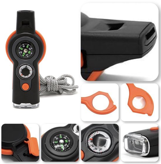 7 in 1 Camping Survival Fluitje, Fluitje/Kompas/Thermometer/Led Licht/ Spiegel/Vergrootglas/Sleutelhanger, Mini Multi-Tool voor Camping Outdoor Survival Rescue Tool
