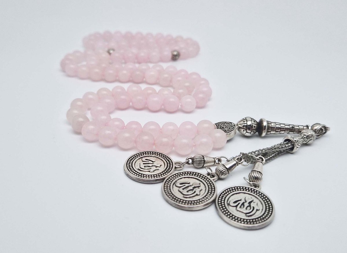 Handgemaakte tesbih "Tasbih" natuursteen "Roze kwartz" - Aantal kralen 99 - Diameter kralen 8MM - met metaal tassel "Allah Alwahid" - Een mooi cadeau-idee