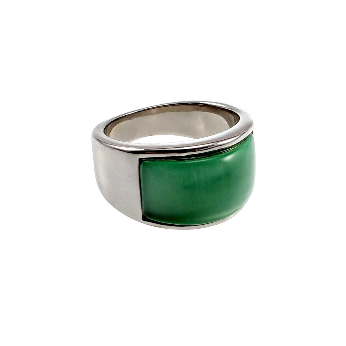 Ring Dames - Gepolijst RVS - Brede Ring met Groen Opalsteen