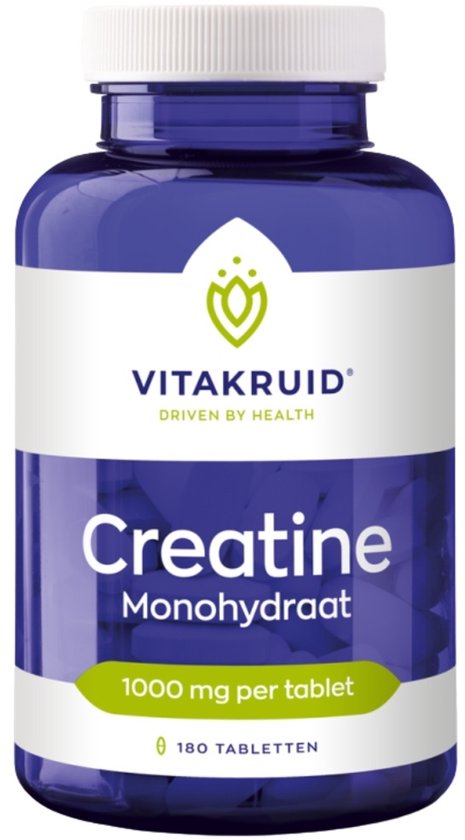 Blauwe pot met Vitakruid Creatine Monohydraat 1000 mg per tablet, 180 tabletten.