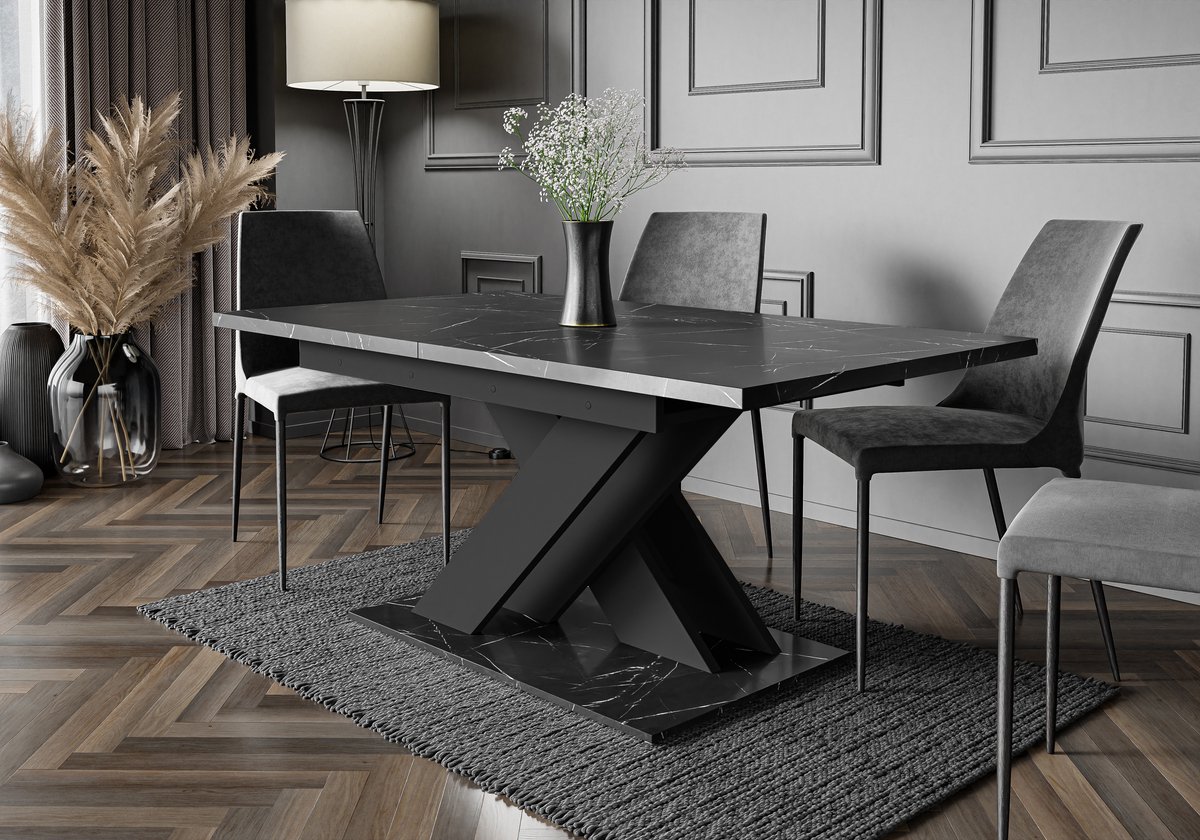 Pro-meubels - Eetkamertafel - Barcelona - Zwart mat - Marmerlook - 140-180cm - Uitschuifbaar - Eettafel