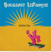 Albumhoes van Buckshot LeFonque met de titel 'Another Day'. Blauwe lucht met gele zonnestralen en een gele vlakte met een roze figuur op een skateboard.