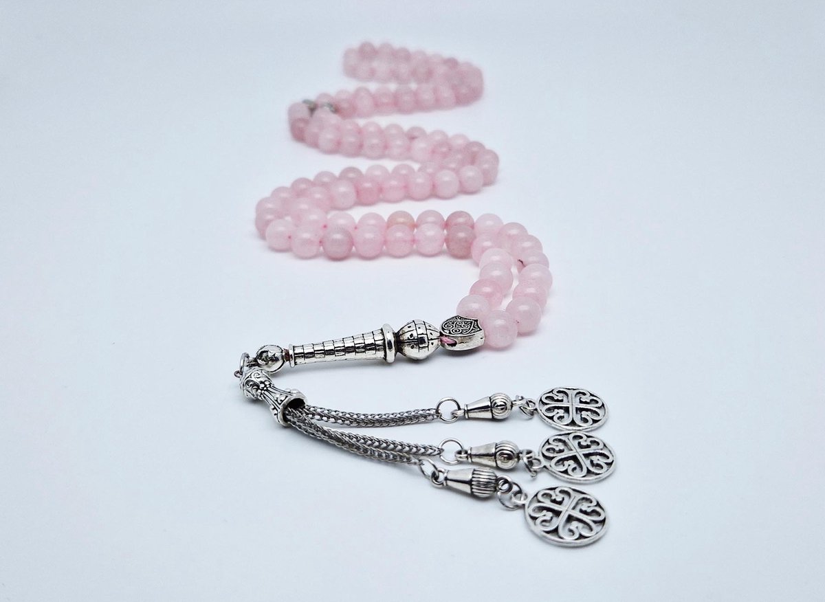 Handgemaakte tesbih "Tasbih" natuursteen "Roze kwartz" - Aantal kralen 99 - Diameter kralen 8MM - met metaal tassel "Arabesk" - Een mooi cadeau-idee
