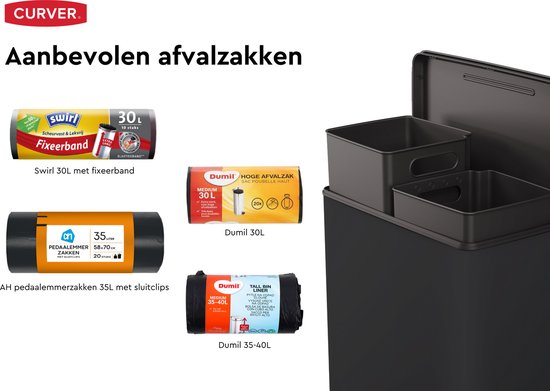Prullenbak Curver Decobin Duo - 26L + 26L - Rectangulaire - Zwart