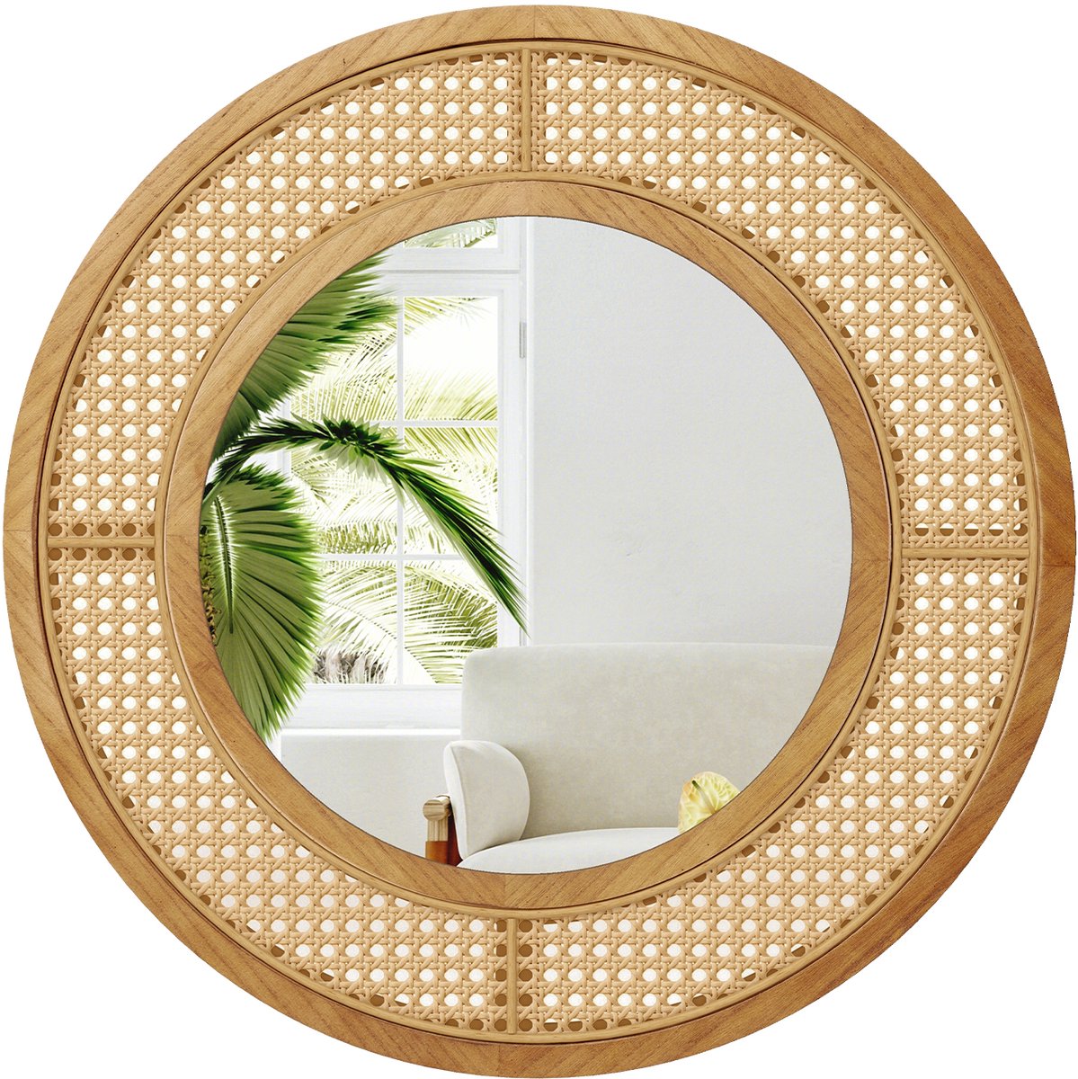Costway Ronde wandspiegel rotan, diameter 65 cm, decoratieve spiegel met houten frame, aluminium glas en haken, decoratieve spiegel, wandmontage, modern, voor woonkamer, slaapkamer, entree, natuur
