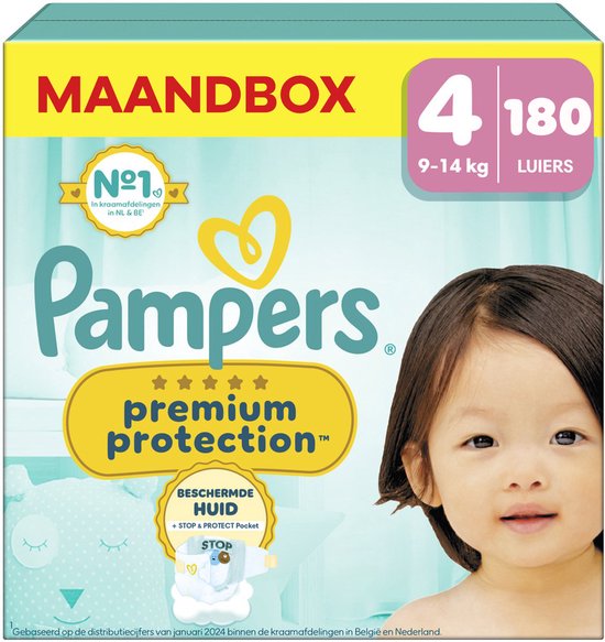 Pampers Premium Protection luiers maat 4, 180 stuks. Doos met een baby, "MAANDBOX" en "Nr. 1 in kraamafdelingen".