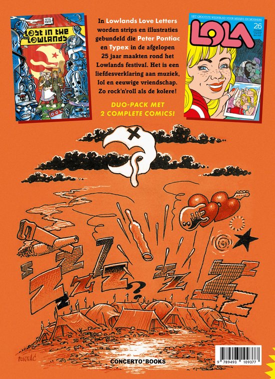 Achterkant van de Lowlands Love Letters duo-pack. Illustraties van een festivalcamping en stripfiguren. Tekst: "DUO-PACK 2 COMPLETE COMICS!"