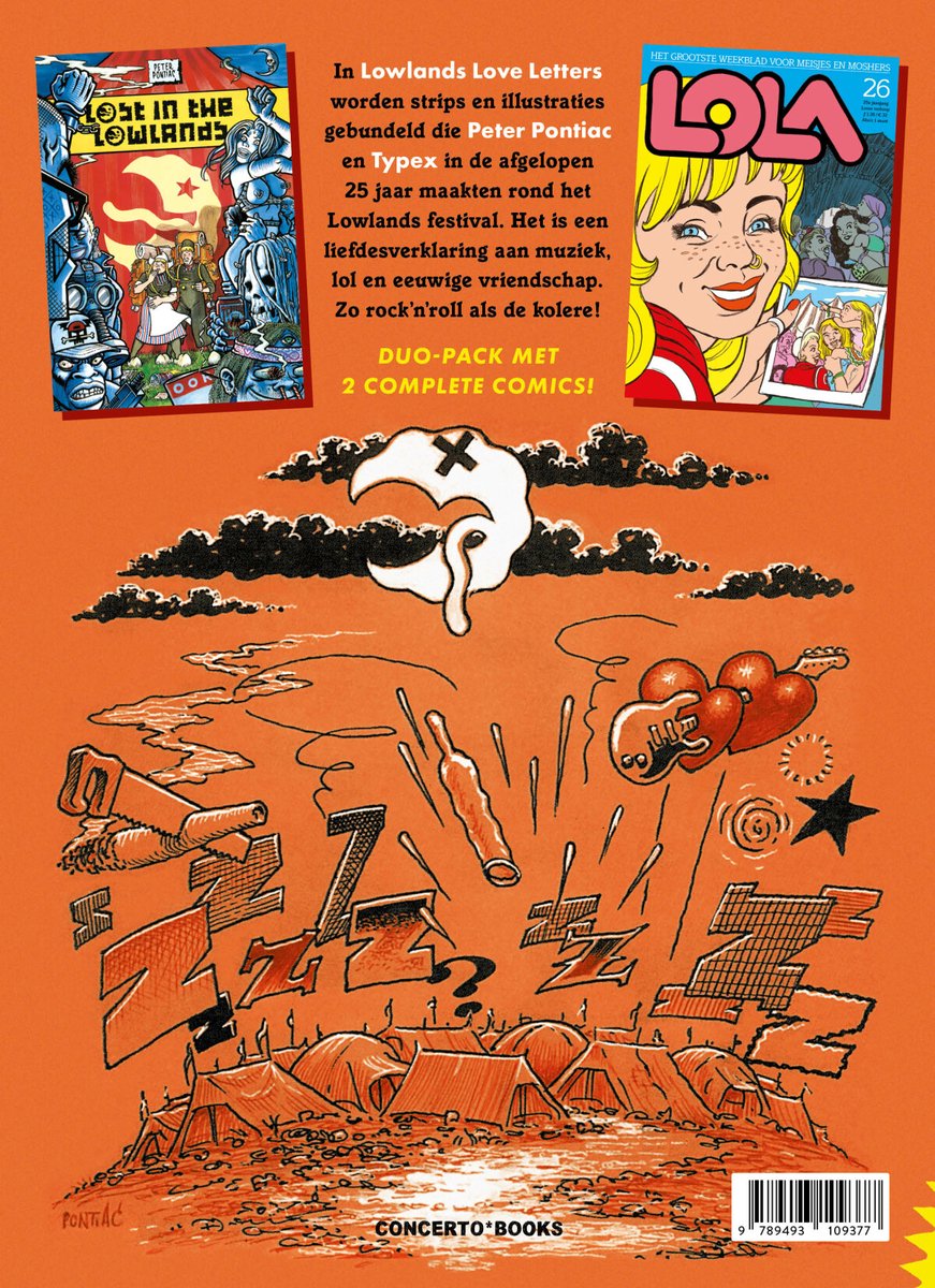 Achterkant van de Lowlands Love Letters duo-pack. Illustraties van een festivalcamping en stripfiguren. Tekst: "DUO-PACK 2 COMPLETE COMICS!"
