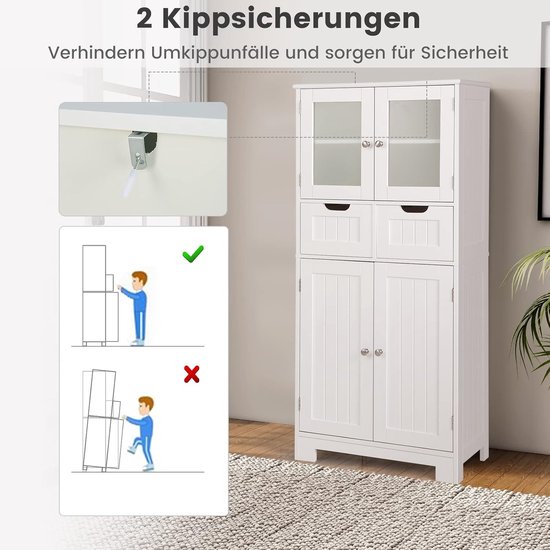 COSTWAY Badkamerkast met 2 laden en 4 deuren, badkamerkast met verstelbare planken, opbergkast voor badkamer, keuken, woonkamer (wit)