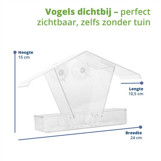 Transparant raamvoederhuisje met afmetingen: hoogte 15 cm, lengte 10,5 cm, breedte 24 cm.