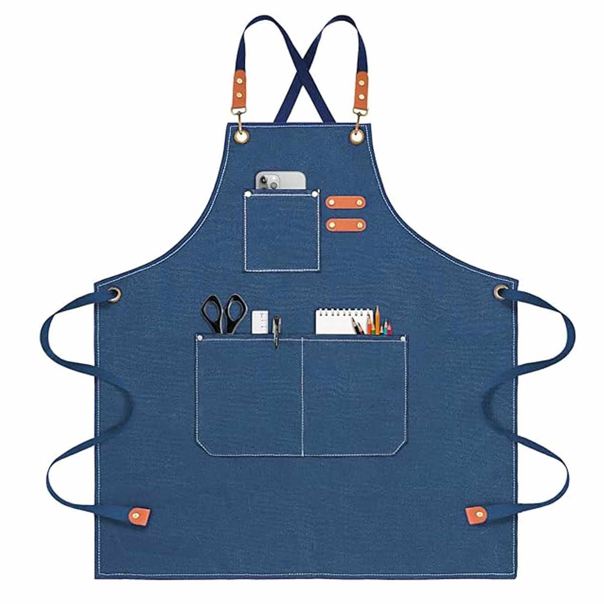 Meedeer Schort voor mannen en vrouwen-Katoen Canvas Cross-Waterdichte-Kappers Schort-schort verstelbaar-Voor keuken-Tuin-Cafe-BBQ M-XXL (Blauw)
