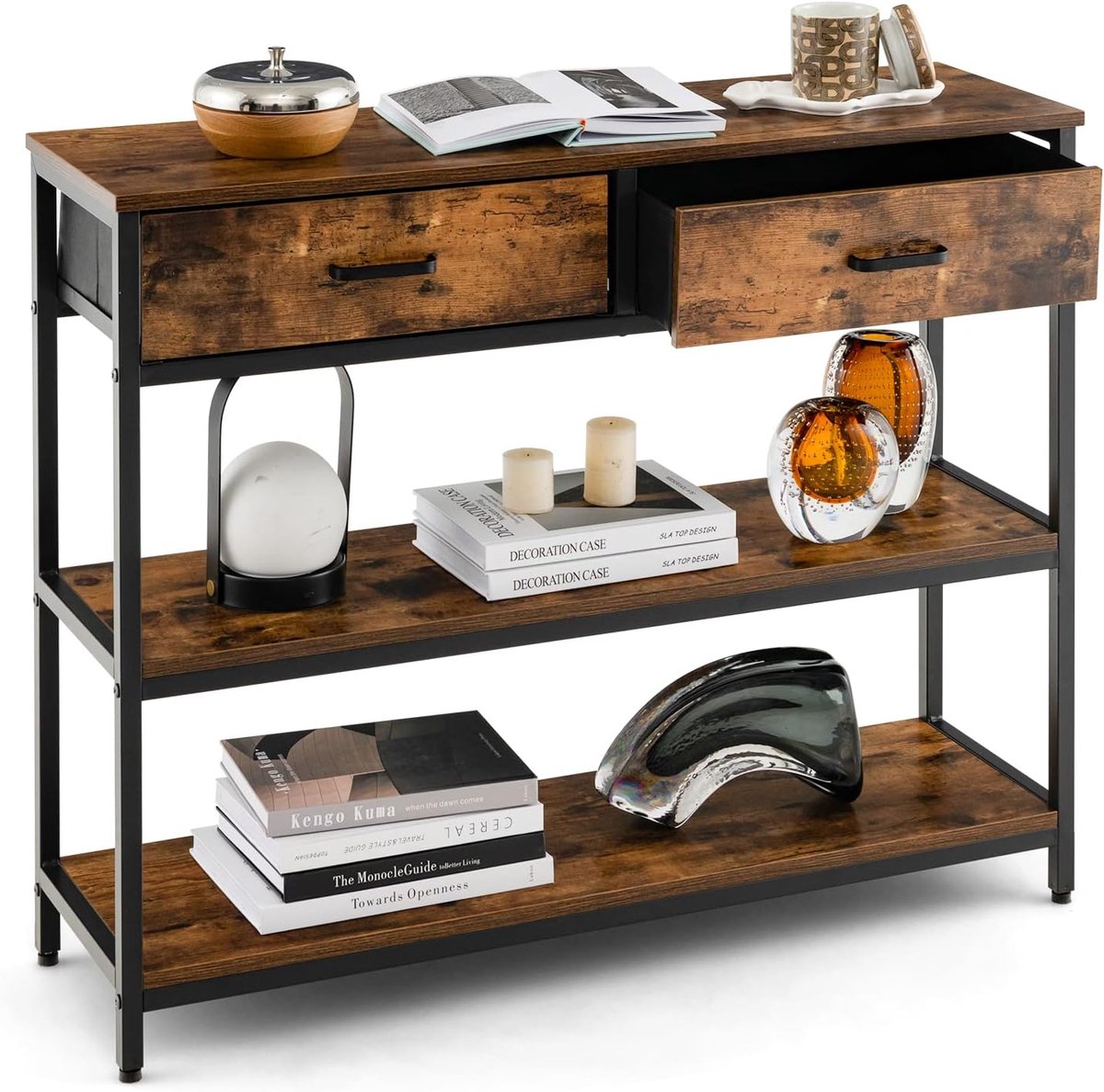 COSTWAY Consoletafel met lade, haltafel smal, 3 niveaus, bijzettafel met metalen frame, van hout, 100 x 30 x 80 cm, vintage