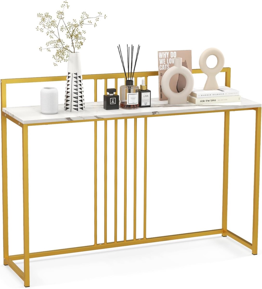 Costway Consoletafel, bijzettafel, goudkleurig, haltafel met marmerlook, smal, goudkleurig metalen frame, 120 x 32,5 x 88 cm Wit