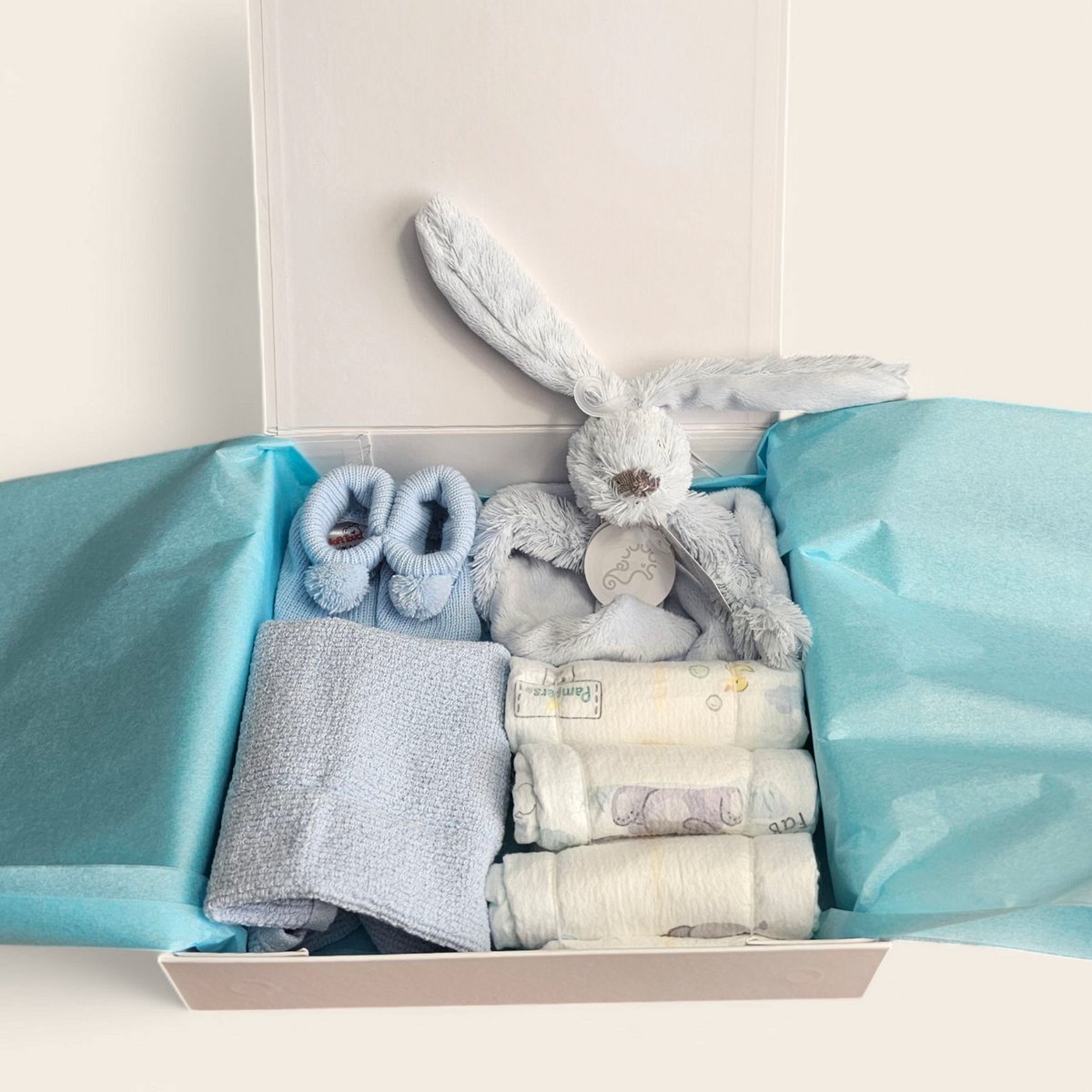 Kraamcadeau blauw met Happy Horse Richie Knuffeldoekje, spuugdoekje slofjes en pampers