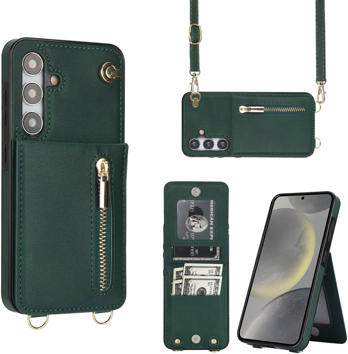 Multimedia & Accessoires Stijlvolle Leren Fashion Backcover Case Hoesje met Koord, Stand Ritsvak en Pasjeshouders geschikt voor Samsung Galaxy S25 - Groen