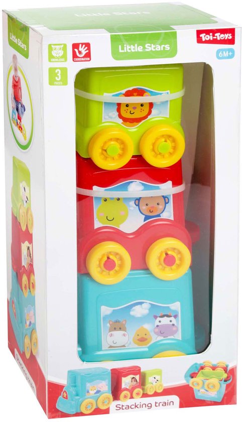 Toi-Toys Little Stars stapeltrein, 3 delig. Rode, groene en blauwe wagonnen met dierenillustraties.