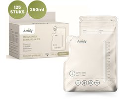 Amisly Moedermelk Bewaarzakjes - 125 Stuks - Extra groot 250ml - Met Schenktuit - Tempratuursensor - BPA vrij - Inclusief Pen