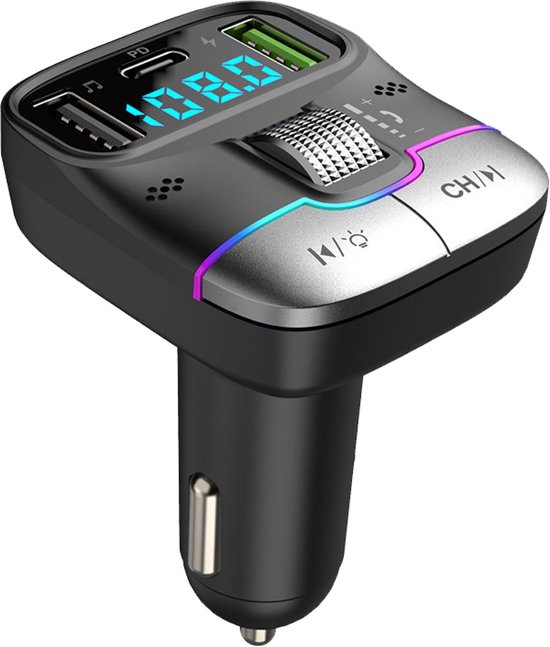 Audyn Bluetooth FM Transmitter - USB-A & USB-C - Bluetooth Receiver - Snellader - Autolader - Carkit - Auto Accessoires - RGB