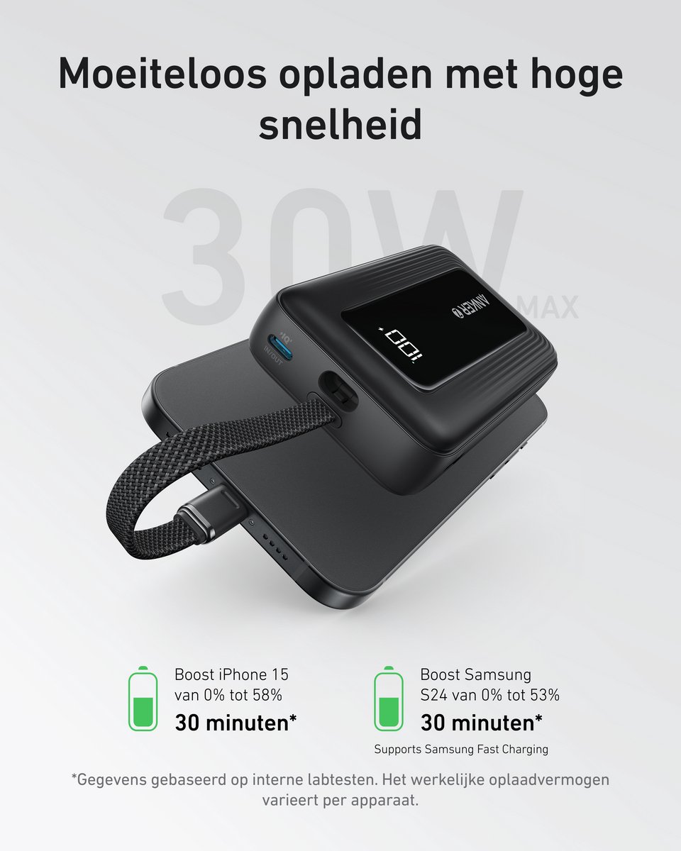 Afbeelding 3 van Anker Zolo Powerbank (10.000mAh, 30W, Ingebouwde USB-C-kabel) - 1x USB-C & 1x USB-A Poort Zwart - Snelladen - Compact & Krachtig Ontwerp