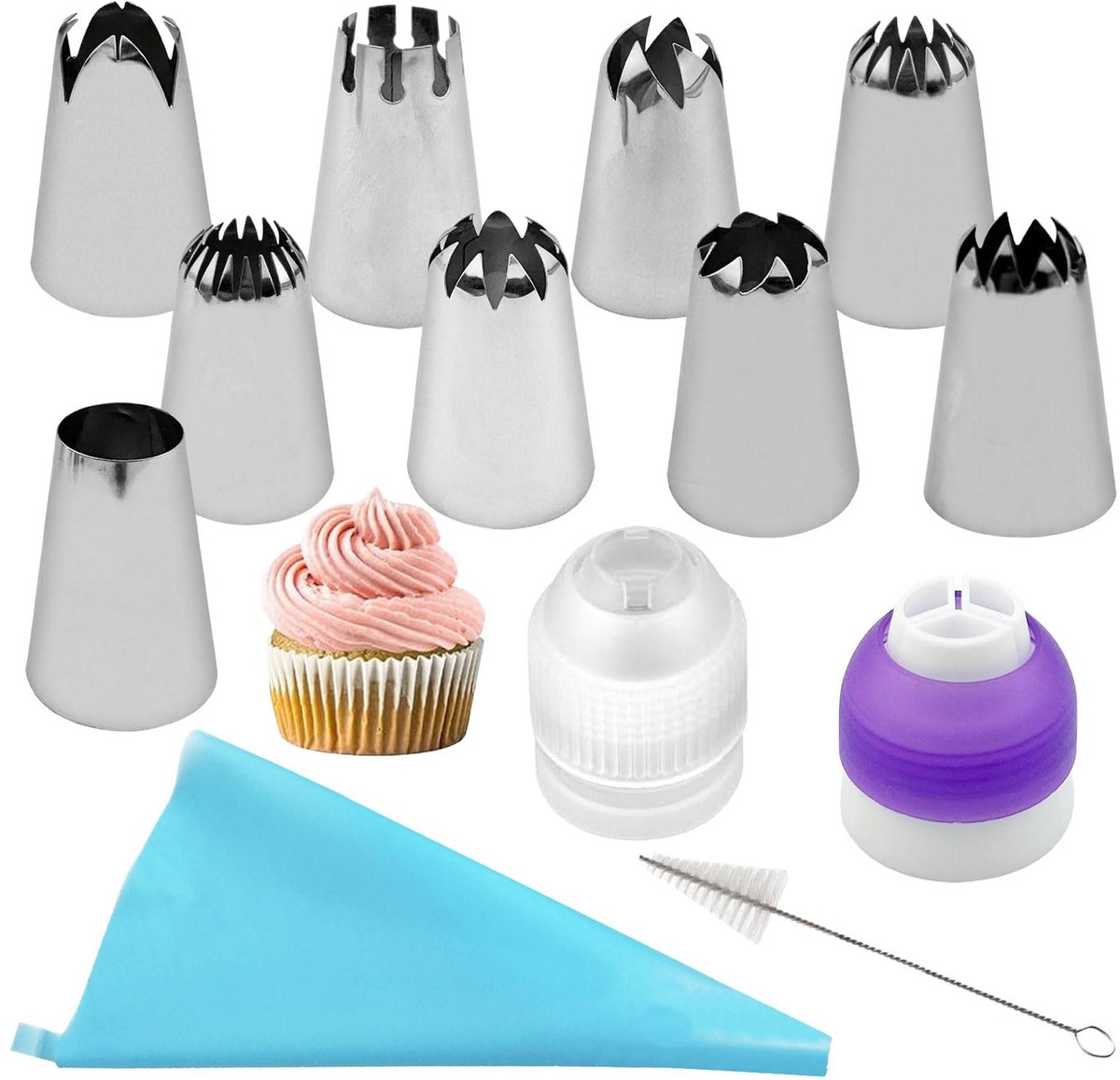 My Ninki ® Complete Decoratieset voor Creatieve Taarten en Gebak met Roestvrij Stalen Spuitmonden, Siliconen Spuitzak, en Accessoires