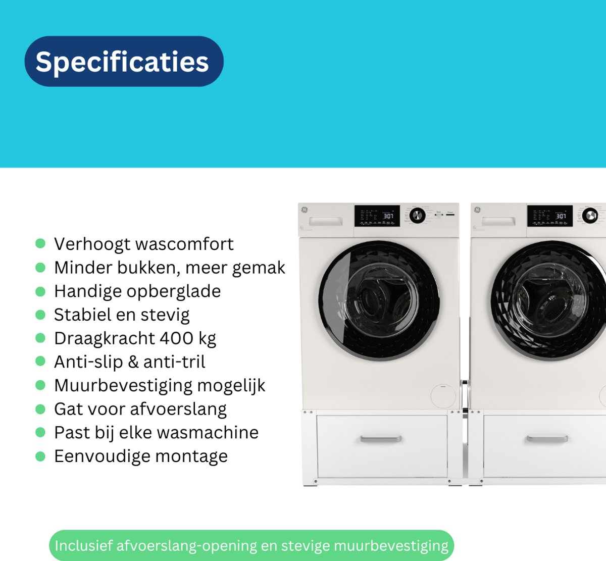 Wasophoogte® Wasmachine verhoger met lade - Dubbele wasmachine opbouwmeubel XL - Wasmachine sokkel - 31cm hoog - Wit - Universeel - 63*63 (LxB) - Inclusief wandbeugels thumbnail 8