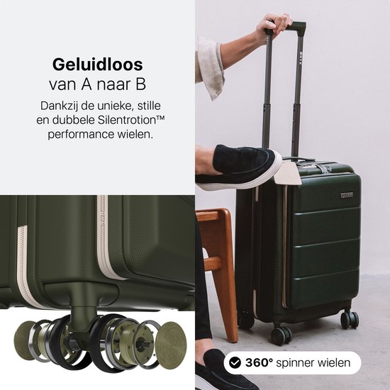 Groene koffer met details van de geluidloze spinnerwielen. Bovenkant met een persoon die de koffer optrekt.