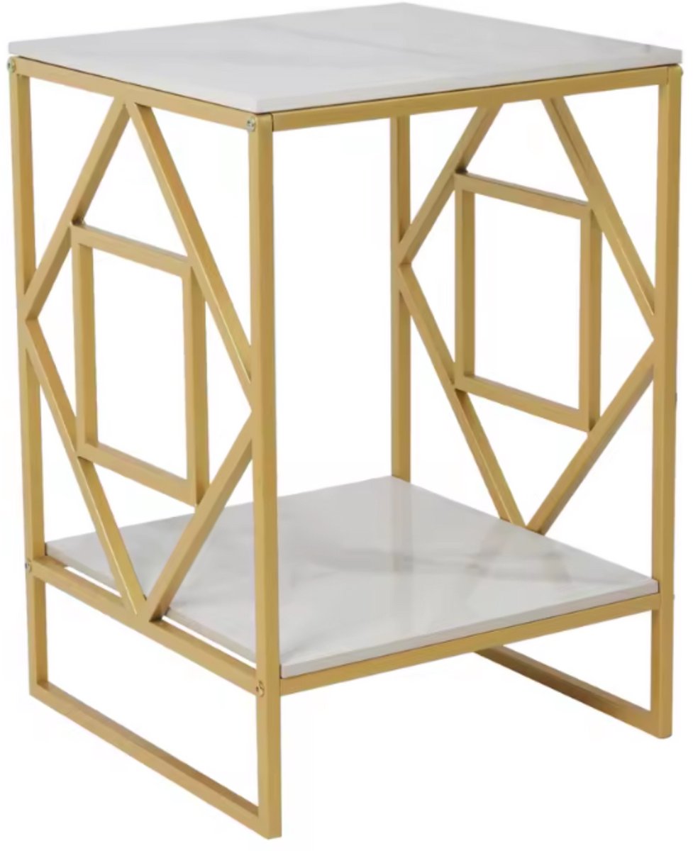 In And Outdoormatch Moderne Vierkante Bijzettafel - 2-Tier Opslag - Gesinterd Stenen Tafelblad - Metalen Frame - Stijlvol & Ruimtebesparend - Bijzettafel - Wit/goud