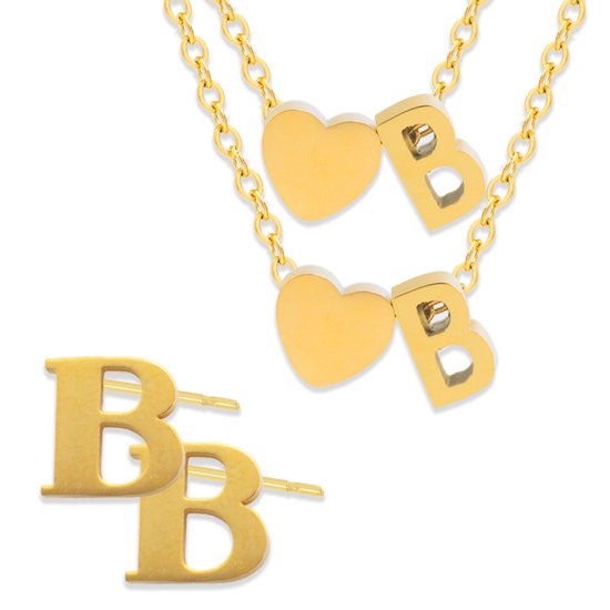 Ensemble collier, bracelet et Boucles d'oreilles initiales avec lettre B couleur or - Acier inoxydable - Avec lettre et cœur ! - 3x Bijoux Cadeau - Pax Amare