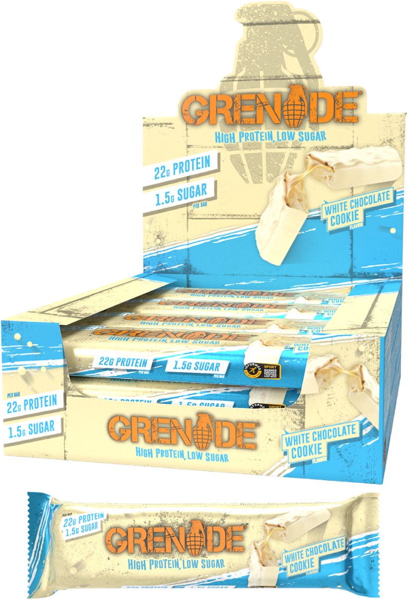 Goedkoopste Grenade Protein Bar White Chocolate Cookie 22g Protein - Doos 12x 60g - 720g - Eiwitrepen voor Twee Weken - Eiwitten voor Spieren - Sportvoeding - Tussendoortjes