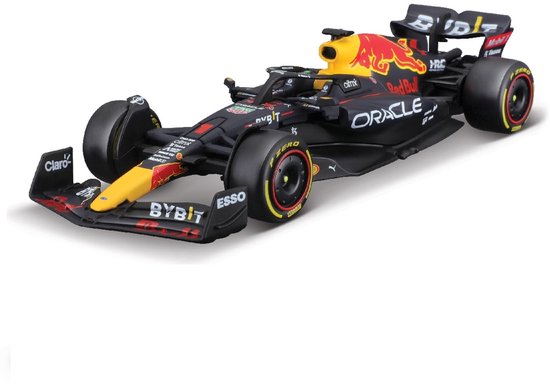 Max Verstappen Red Bull RB18 Formule 1 auto, nummer 1, donkerblauw met gele en rode accenten.