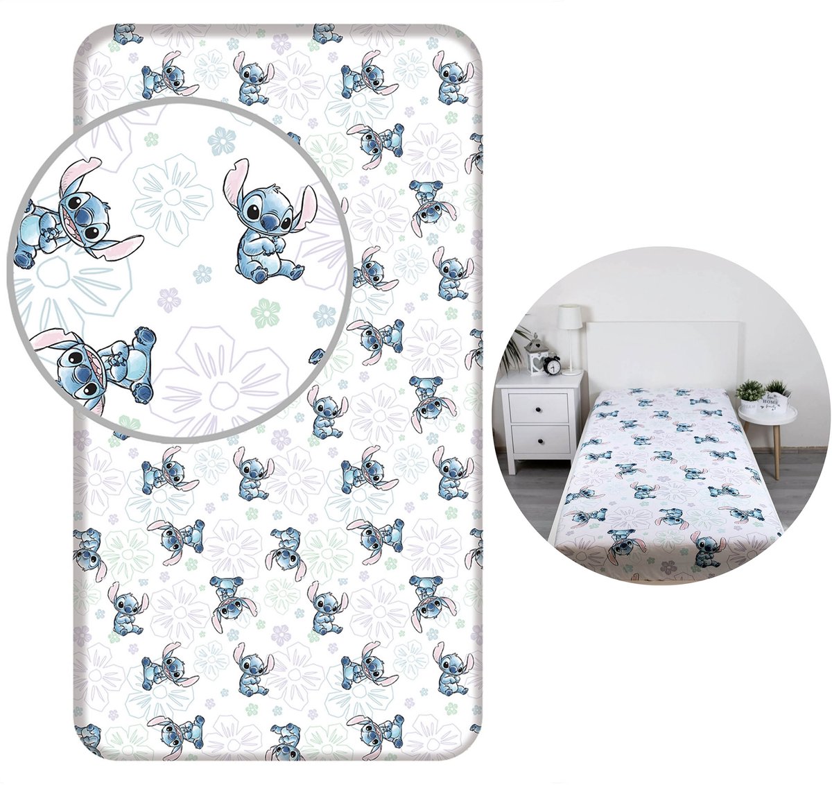 DISNEY Stitch Wit, kinderlaken met elastiek, 100% katoen, 90x200cm+25cm, OEKO-TEX