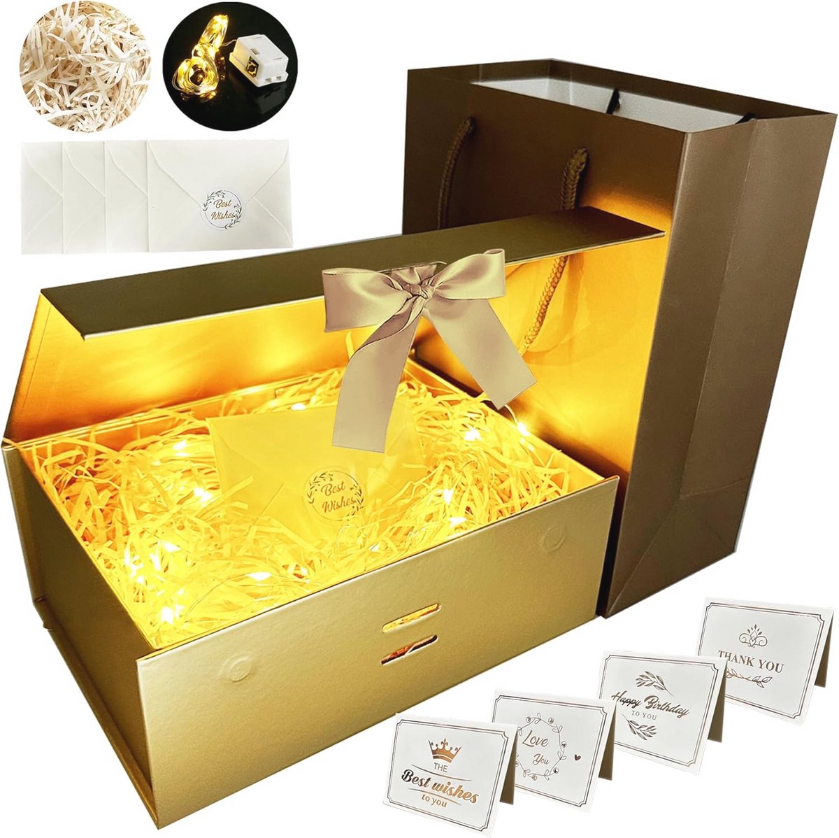 Gouden Geschenkdoos met Strik en Licht | Luxe Geschenkpakket voor Valentijnsdag en andere Gelegenheden