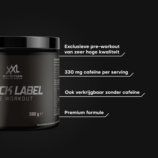 Zwarte pot XXL Nutrition Black Label Pre Workout, 390 g. Exclusieve pre-workout van zeer hoge kwaliteit met 330 mg cafeïne per serving.